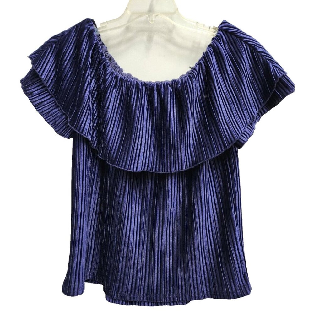 Sanctuary Womens BOHO Whimsygoth Top‎ Medium Blue Velvet Flounce Short Sleeve